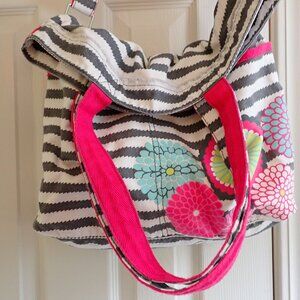 Thirty One Retro Metro Crossbody Fold Over  Bag Tote Gray White Stripes/ Flowers